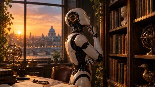 Humanoid android contemplating a bookshelf in a study surrounded by books and human knowledge