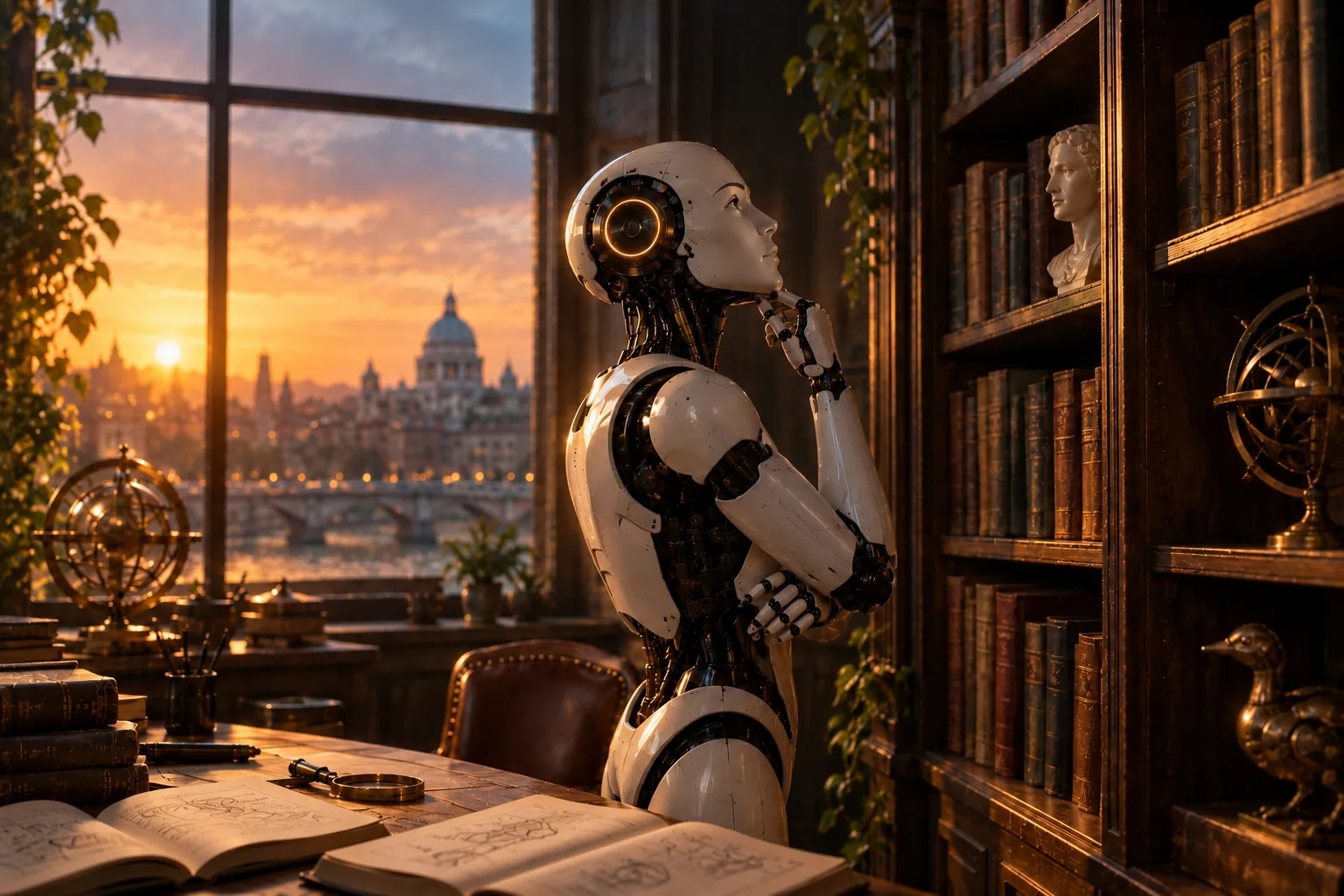 Humanoid android contemplating a bookshelf in a study surrounded by books and human knowledge