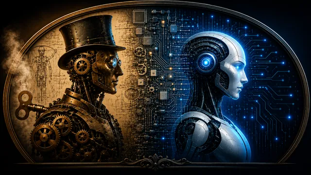 A brass mechanical automaton facing a modern blue autonomous machine, representing the transition from mechanical automation to intelligent software