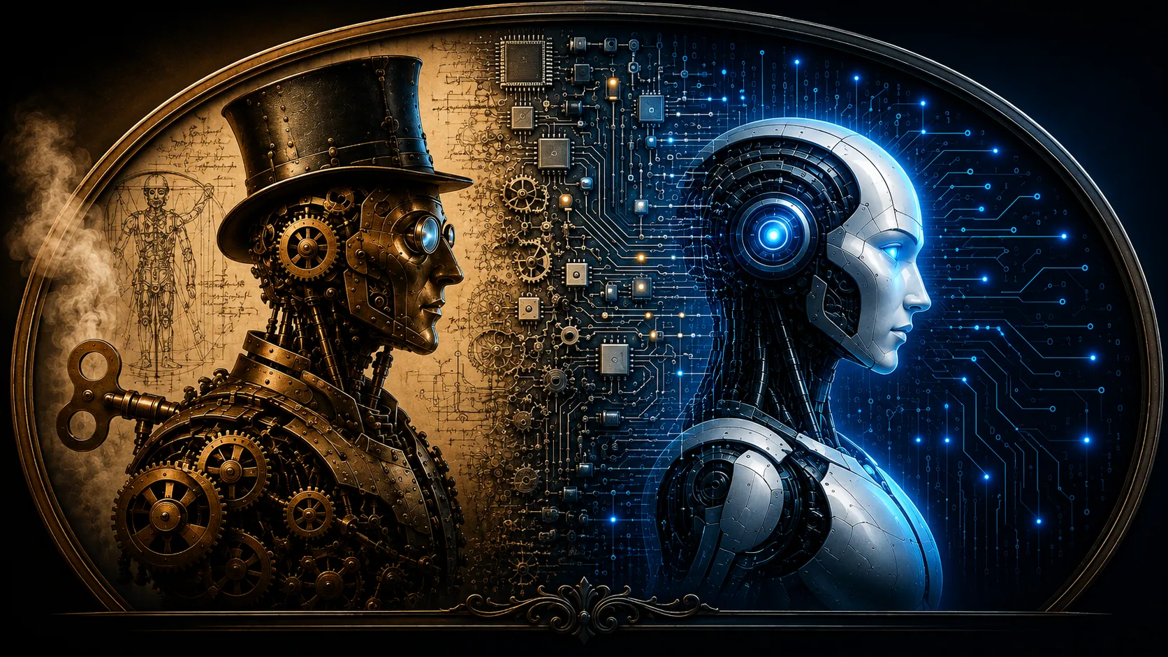 A brass mechanical automaton facing a modern blue autonomous machine, representing the transition from mechanical automation to intelligent software