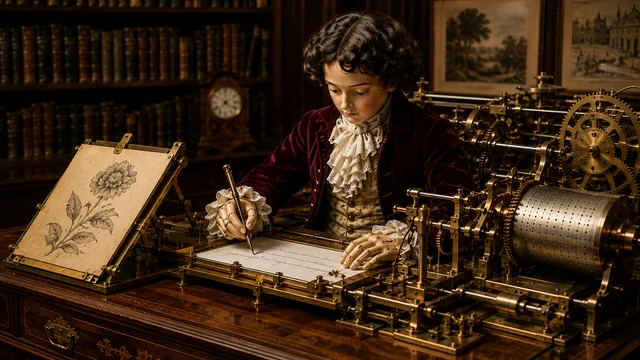 Mechanical writing automaton seated among intricate brass gears and clockwork mechanisms