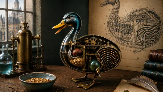Mechanical duck automaton with exposed brass gears, tubes and internal mechanisms in an eighteenth-century workshop