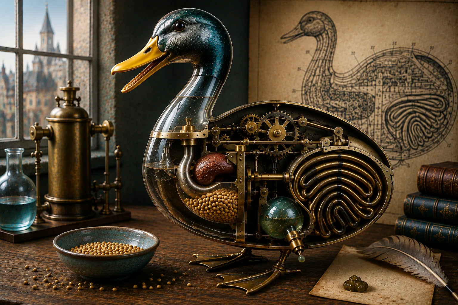 Mechanical duck automaton with exposed brass gears, tubes and internal mechanisms in an eighteenth-century workshop