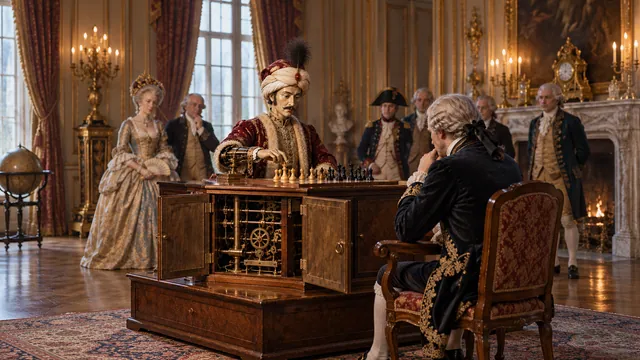 The Mechanical Turk playing chess against a seated opponent, with its cabinet open and spectators watching in an ornate room