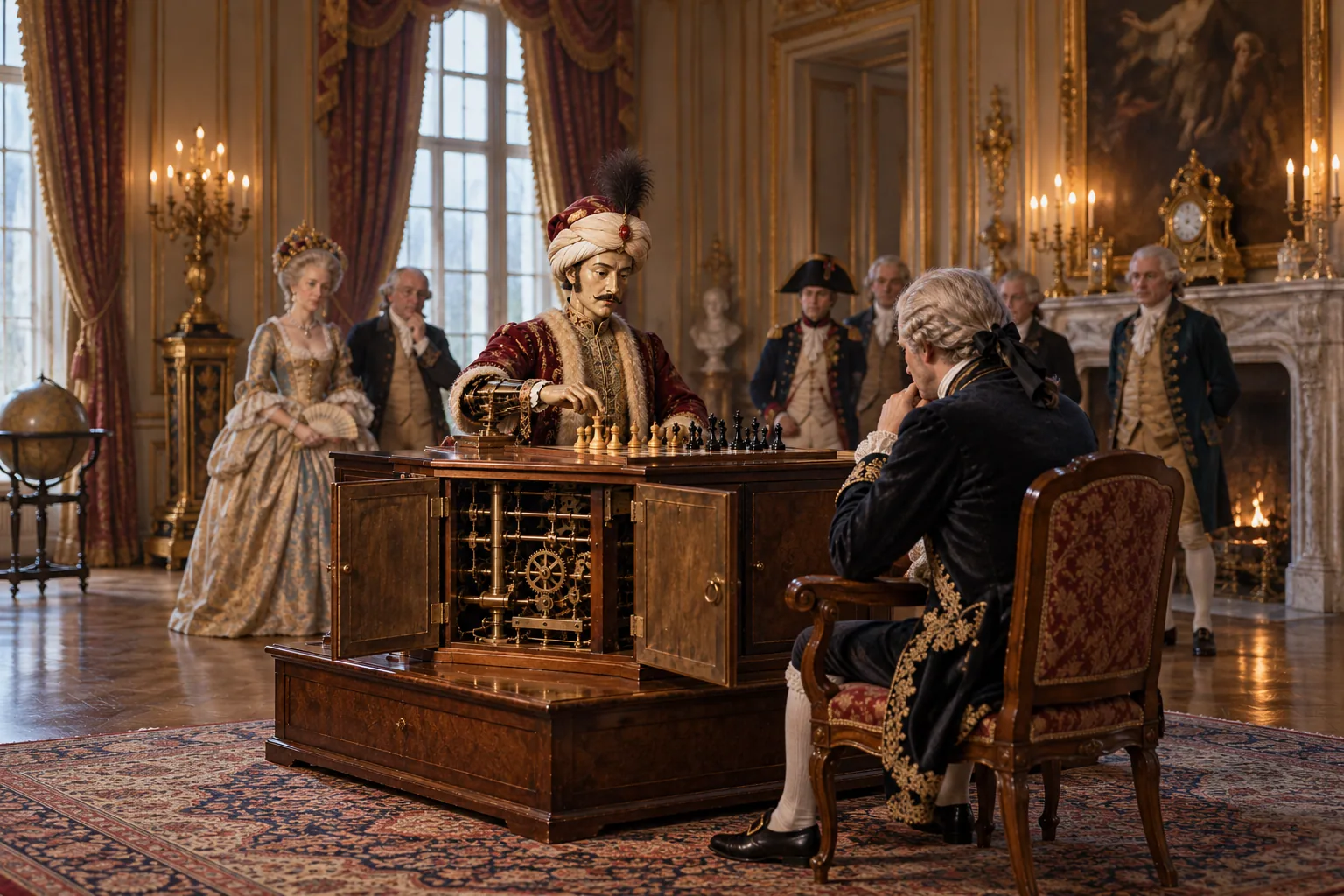 The Mechanical Turk playing chess against a seated opponent, with its cabinet open and spectators watching in an ornate room