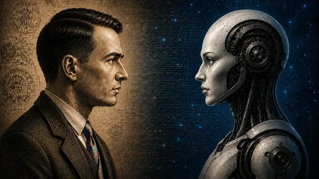 Alan Turing facing a humanoid machine, contrasting human intelligence with modern artificial intelligence