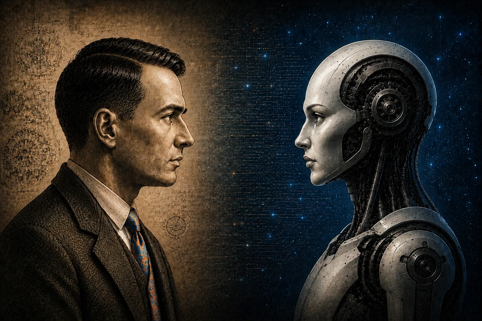 Alan Turing facing a humanoid machine, contrasting human intelligence with modern artificial intelligence