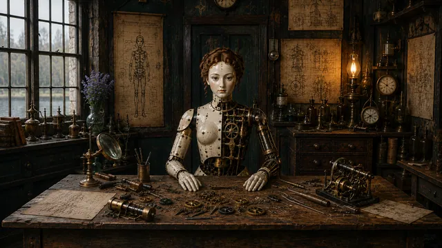 Worn porcelain automaton seated behind a workbench with part of its internal brass mechanism exposed