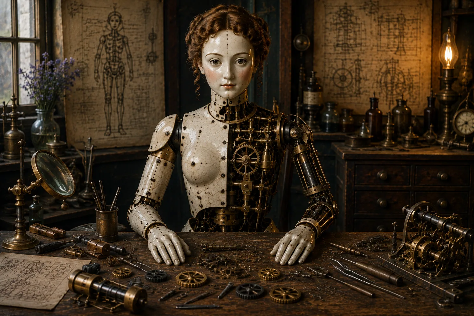 Worn porcelain automaton seated behind a workbench with part of its internal brass mechanism exposed