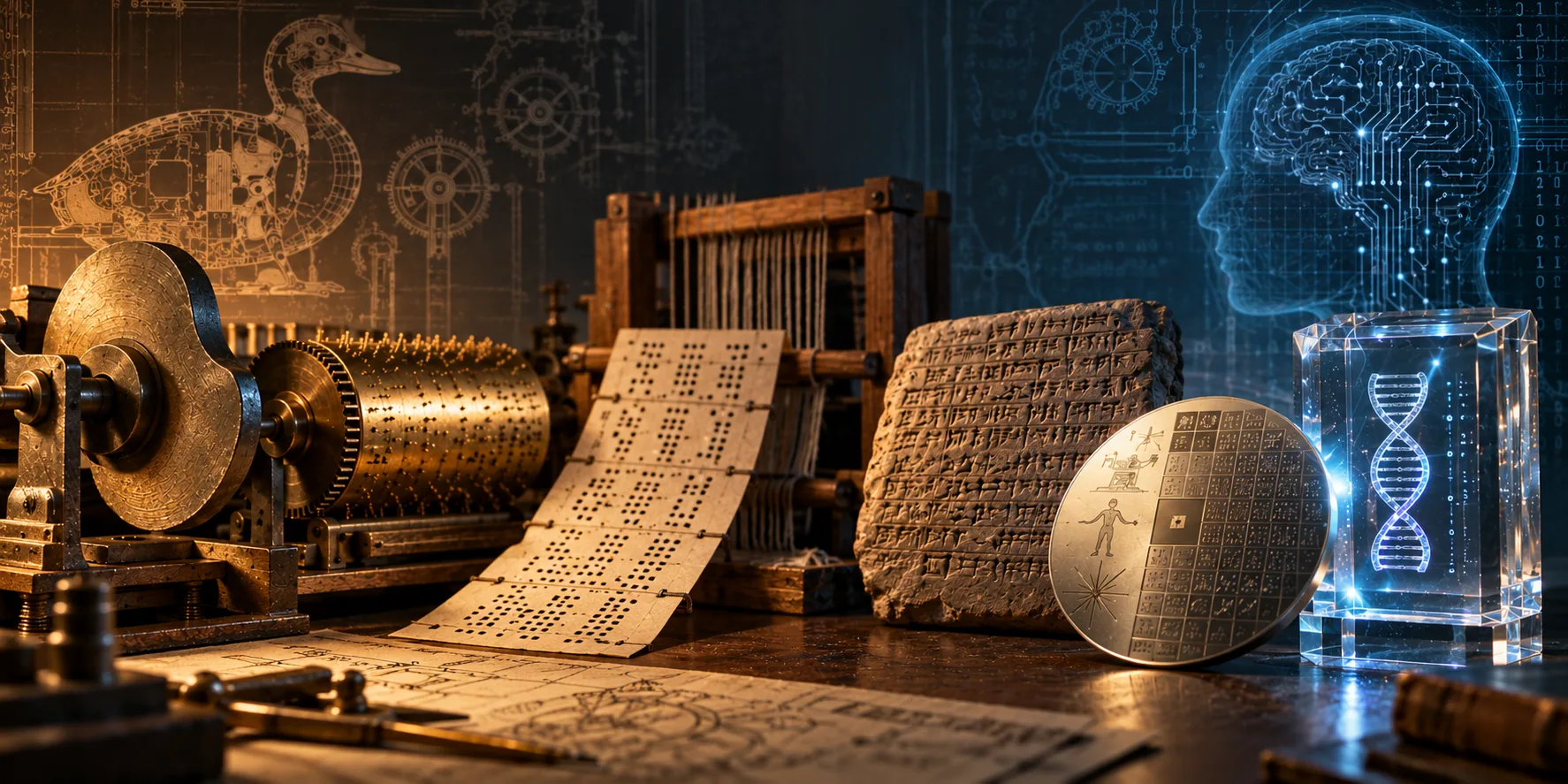 Historical and modern memory technologies including an automaton cam, pinned cylinder, punched cards, cuneiform tablet, Rosetta Disk, and 5D optical memory crystal