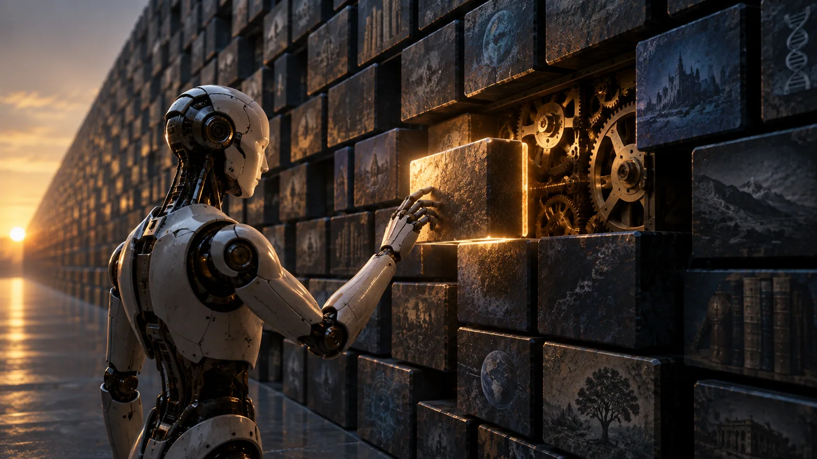 Android reaching for an illuminated brick in a vast wall of knowledge, revealing warm brass gears behind it