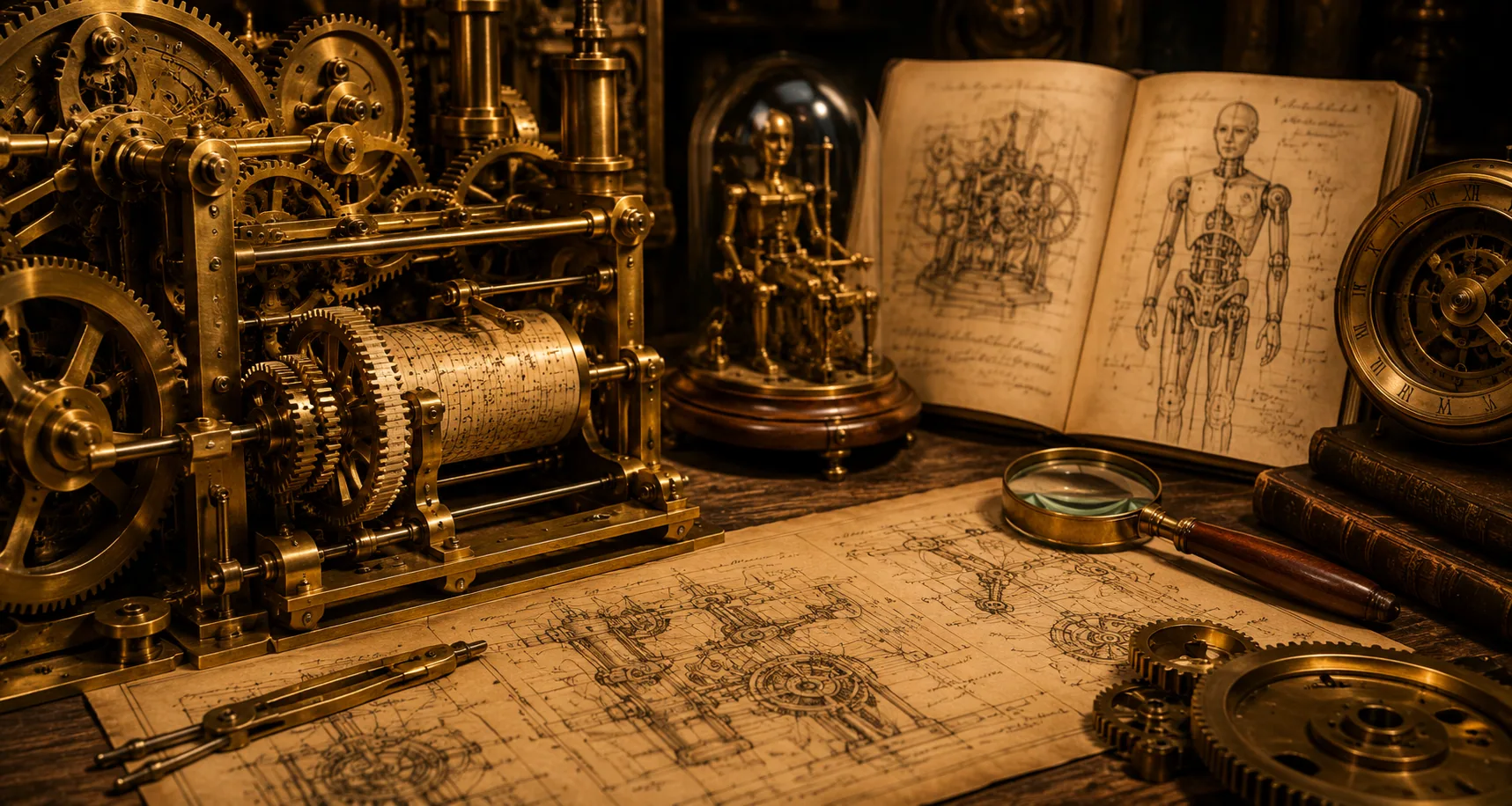 Historical mechanical workshop with brass gears, automata, engineering drawings and clockwork mechanisms