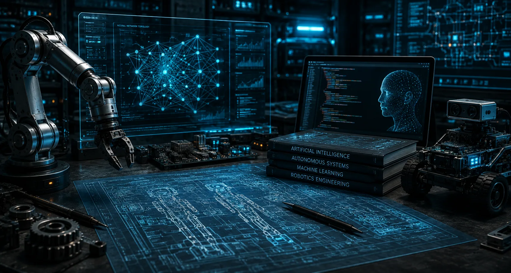 Modern technology workshop with robotics, artificial intelligence, software and autonomous systems